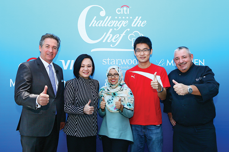 (From left) Le Meridien Kuala Lumpur general manager Harvey Tompson, Fan, Noor Zhafarini, Lim and Rodriguez. challenge-the-chef_fd_010316
